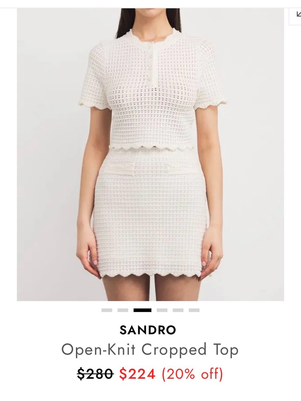 NWT SANDRO White Pearl Crochet Open Knit Short Sleeve Crop Top Size 2 - Picture 3 of 12
